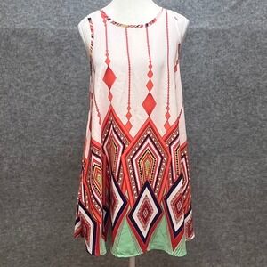 42pops Geometric Tribal Print Sleeveless Shift Dress Orange Mint Cover Up Small